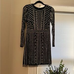 Gianni Bini Black and Silver Beaded Geometric Long Sleeve Dress 6